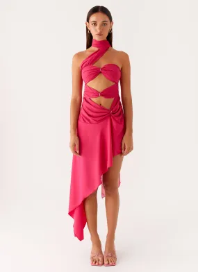 Satin Soft Circa Scarf Midi Dress - Hot Pink