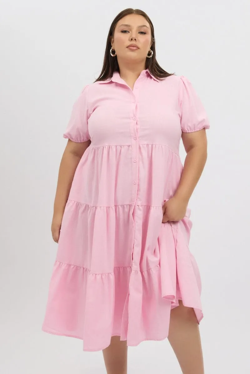 Pink Midi Dress Short Sleeve Shirt vacation look Edgy-Look
