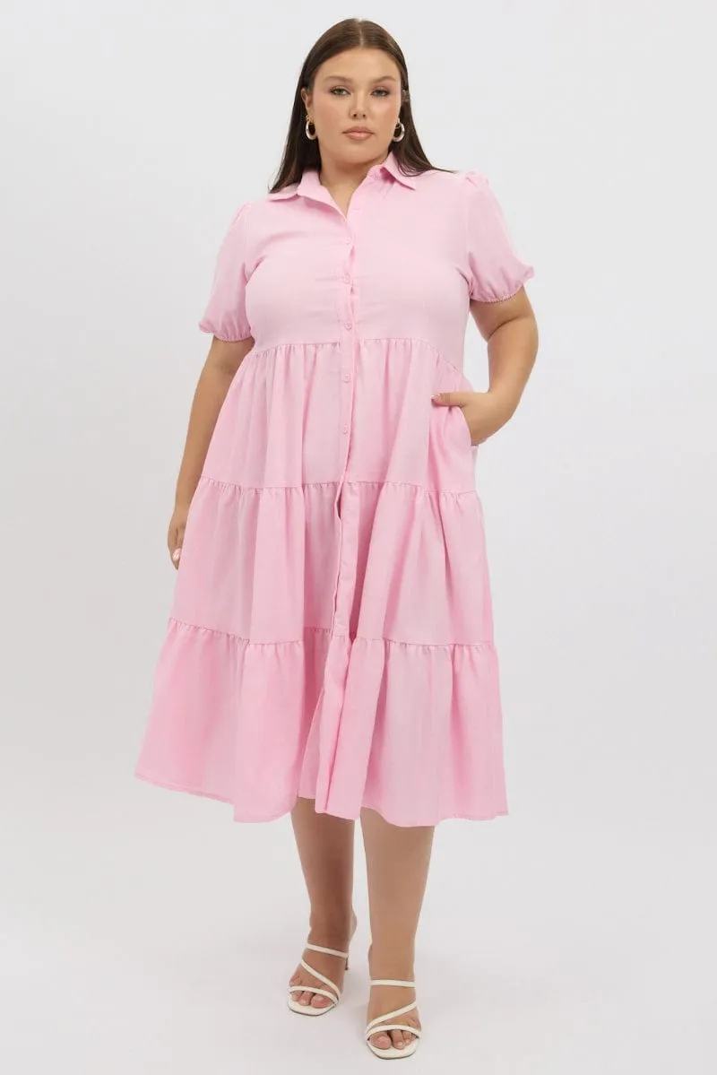 Pink Midi Dress Short Sleeve Shirt Elegant evening wear