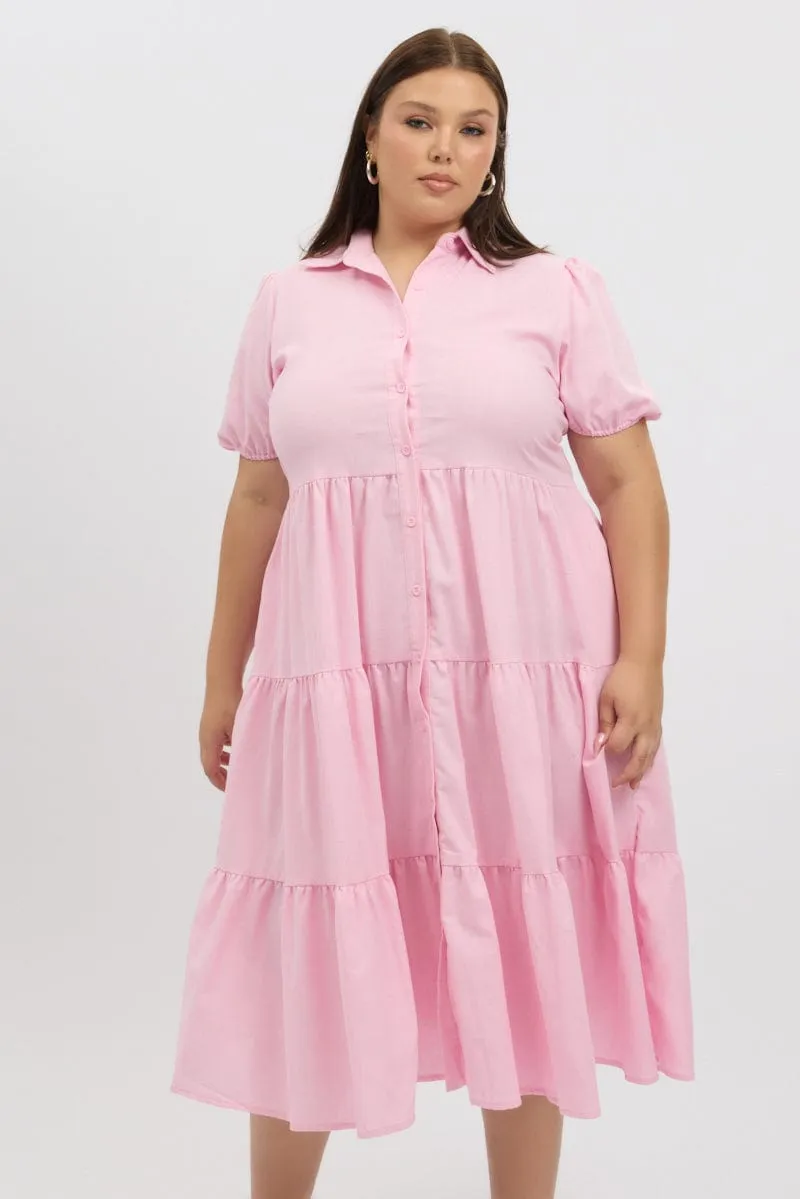 PlushLining understated look Pink Midi Dress Short Sleeve Shirt