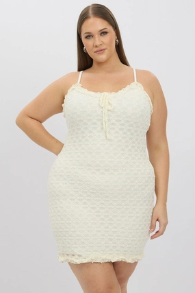 Casual Feel Chic casual White Frill Bow Trim Stretch Lace Minidress