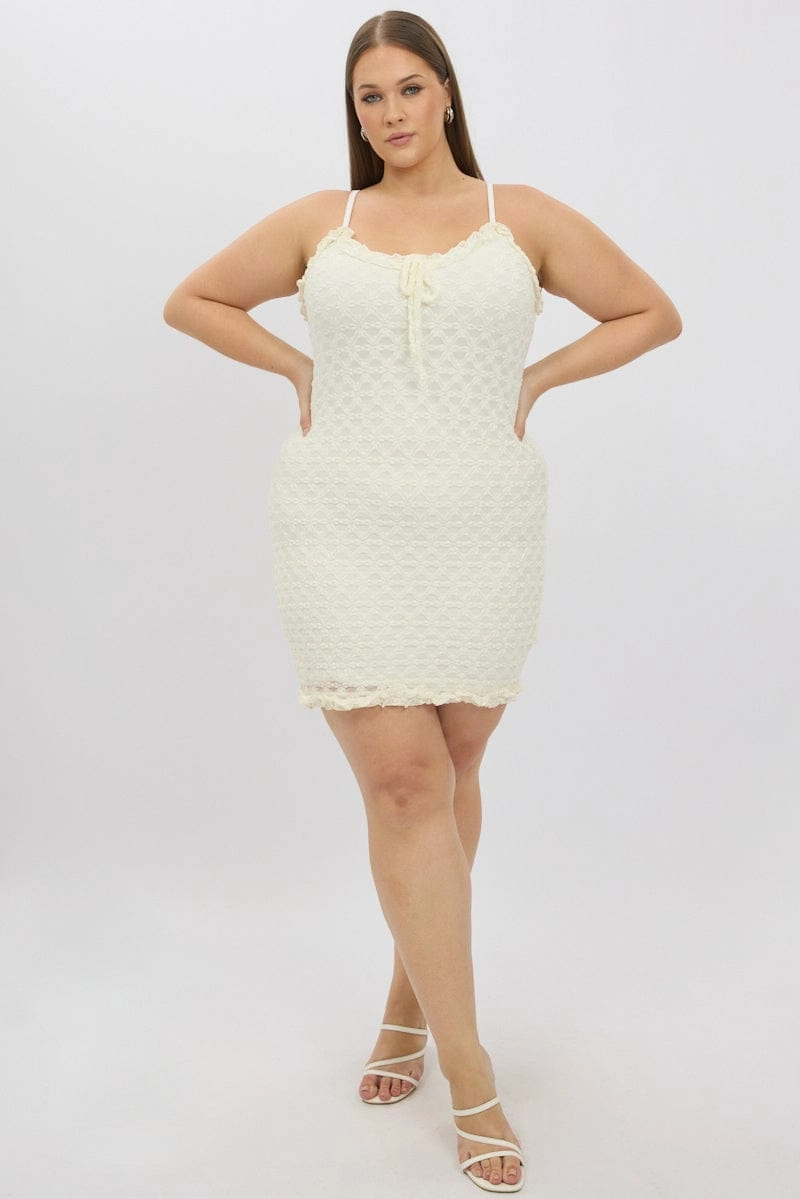 White Frill Bow Trim Stretch Lace Minidress Casual Silhouette