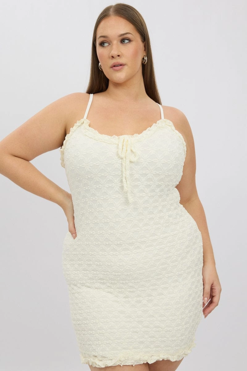 Sculpted Fit White Frill Bow Trim Stretch Lace Minidress