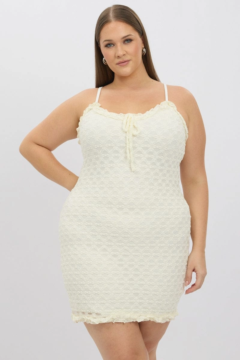 Casual Feel Chic casual White Frill Bow Trim Stretch Lace Minidress