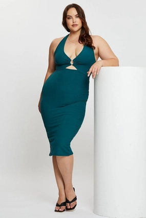 Green Midi Bodycon Dress Halter Jersey Timeless Touch