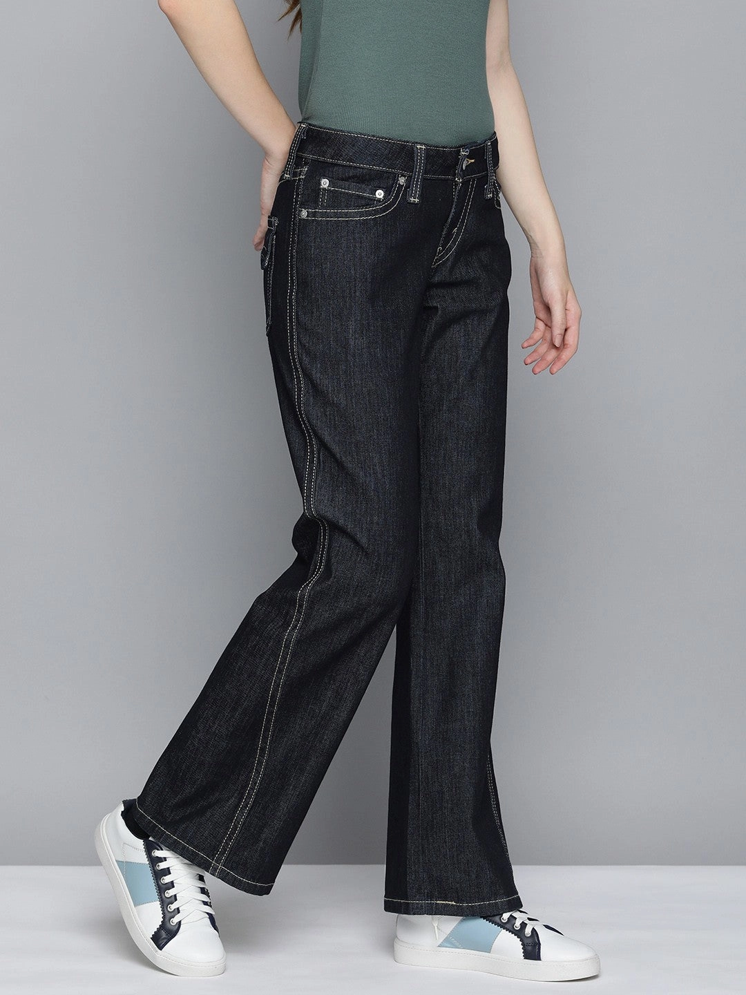 Women's Blue Bootcut Fit Low Rise Jeans Comfy Design Luxury Textured