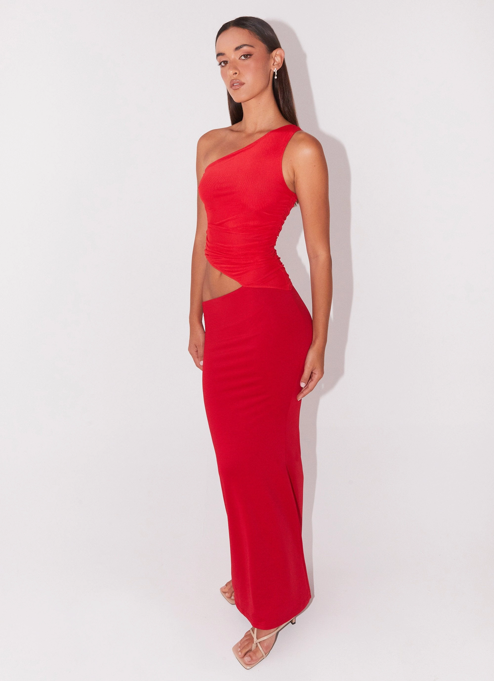 Seranella One Shoulder Maxi Dress - Cherry Red Timeless Fit Modern Waistband
