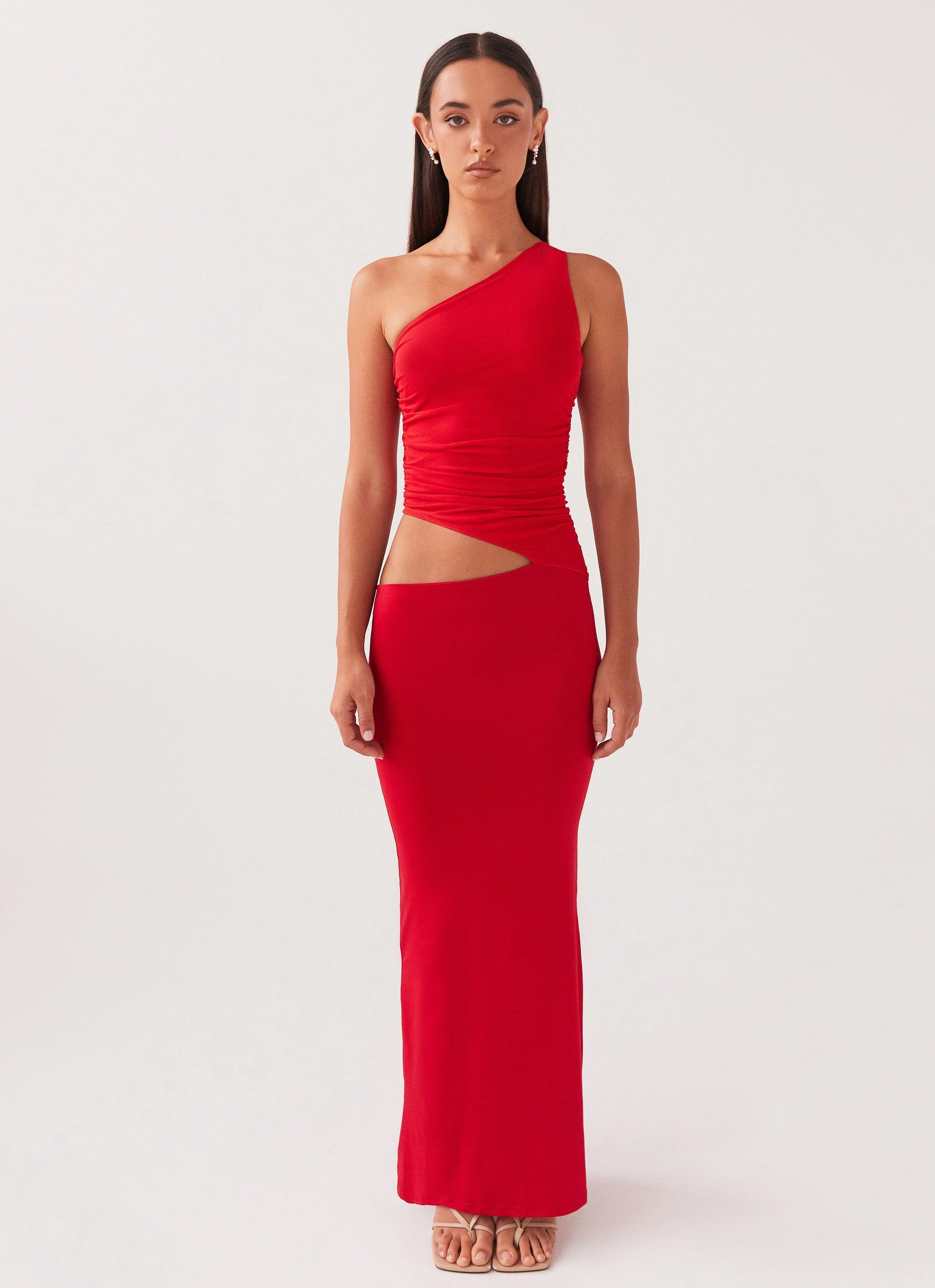 summer breeze Seranella One Shoulder Maxi Dress - Cherry Red