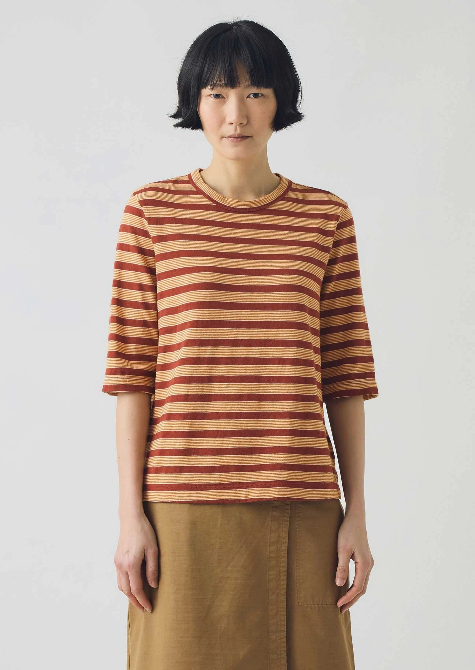Comfort Cushion Neckline Low Profile Collar Cleo Cotton Stripe Tee | Red Rock/Cider