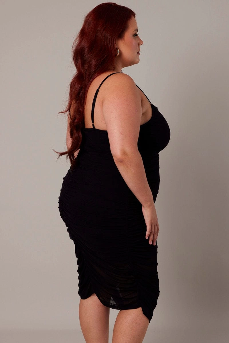 Black Ruched Mesh Dress Rose Soft Polished Motion