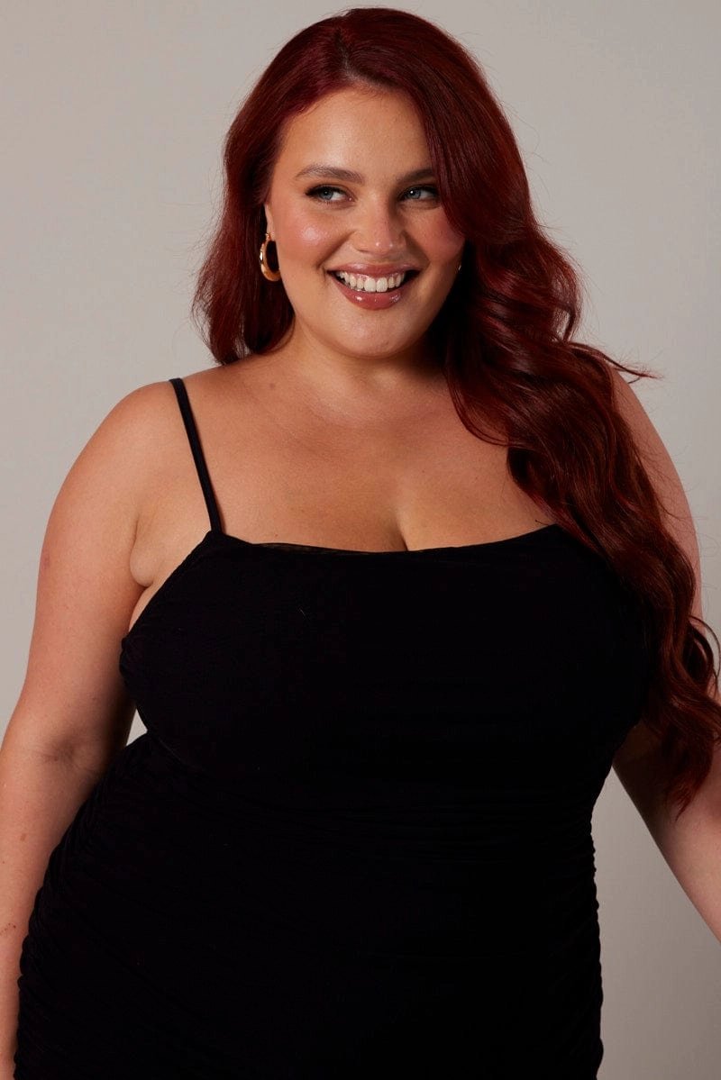 Autumn-Season Front-Slit Black Ruched Mesh Dress