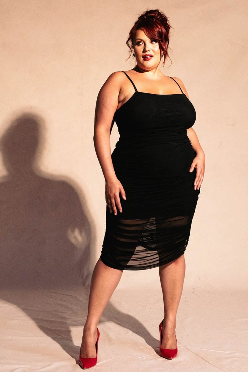 Recycled-Material Fashionable Cut Black Ruched Mesh Dress