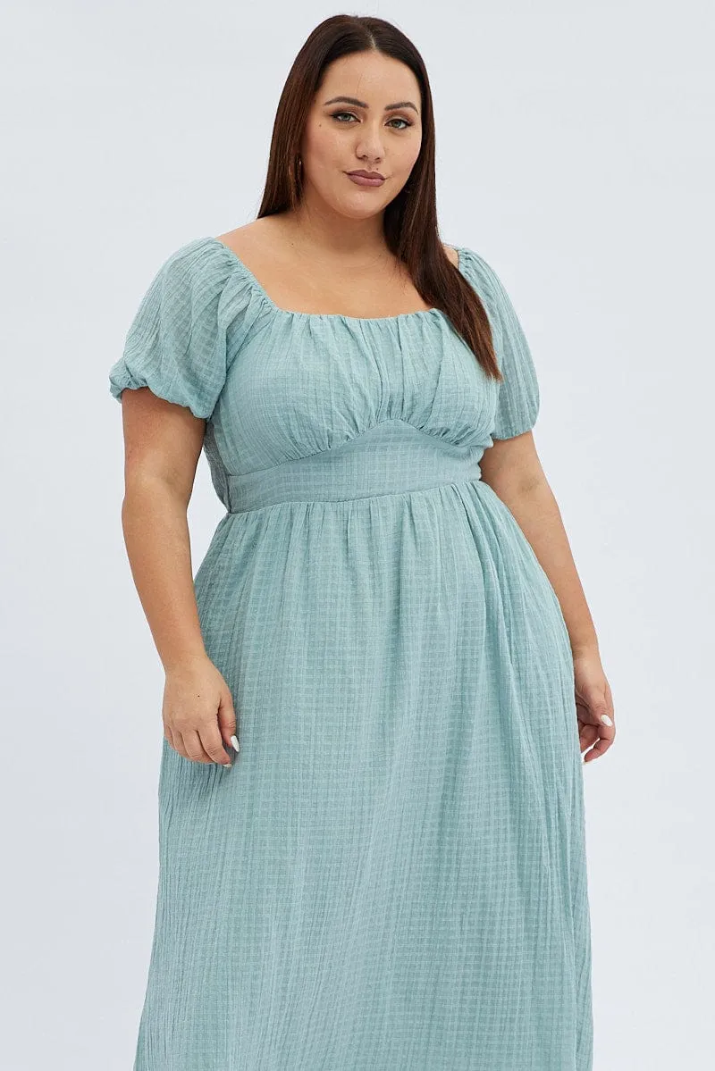 Flare Breeze Mixed Fabric Green Midi Dress Check Cotton Puff Sleeve