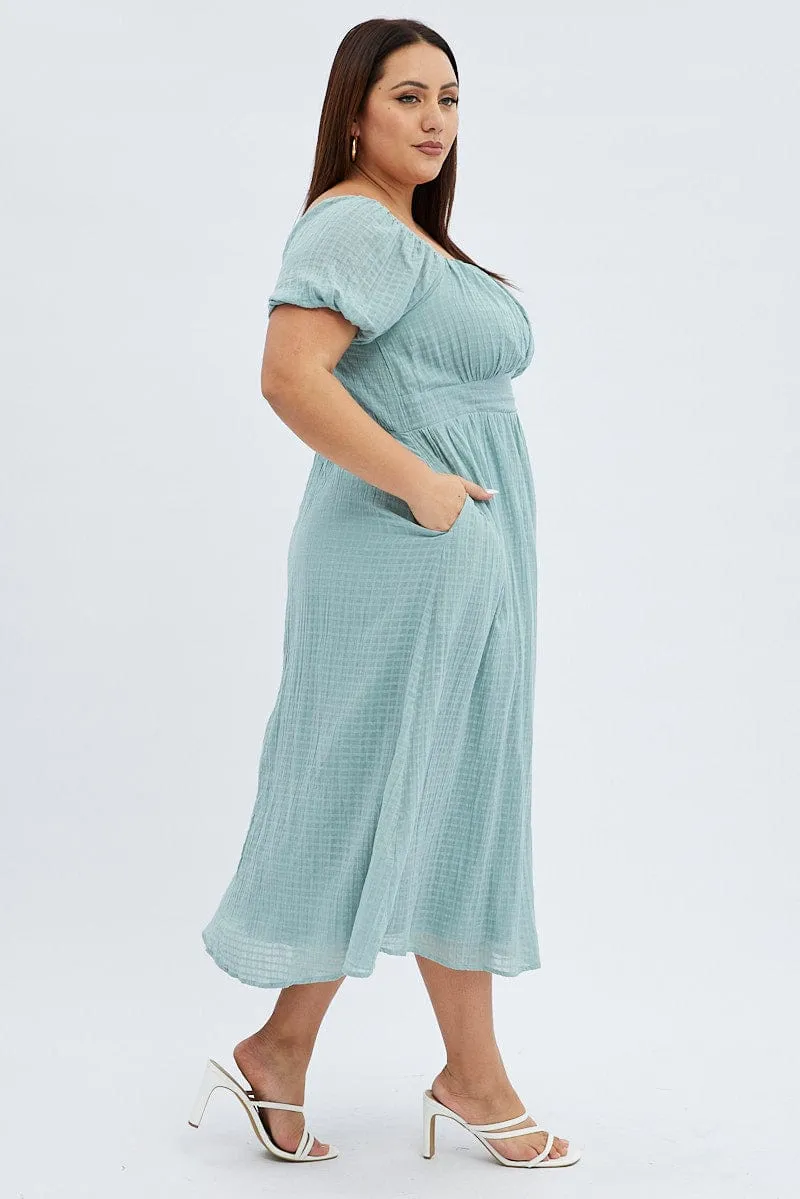Green Midi Dress Check Cotton Puff Sleeve soft elegance Clean Drape