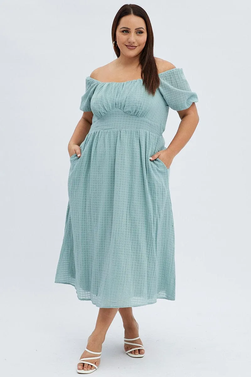 Evening-Wear Green Midi Dress Check Cotton Puff Sleeve