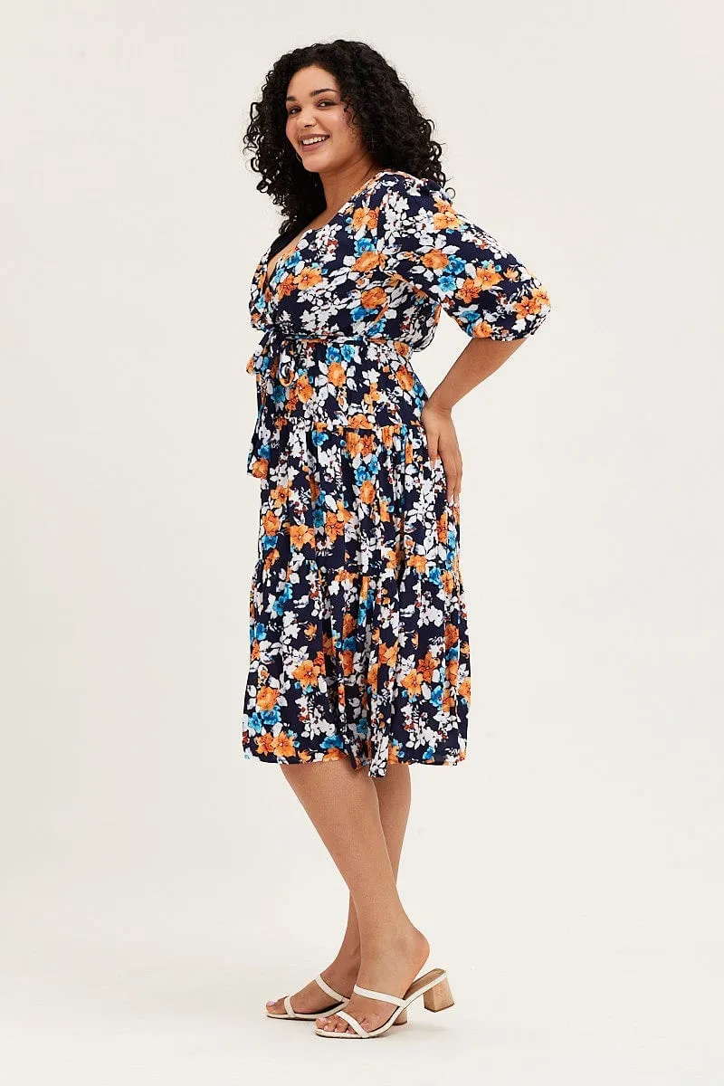 Floral Print Skater Dress V-neck Three-Quarter Sleeve Easy Pairing