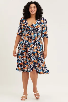 Floral Print Skater Dress V-neck Three-Quarter Sleeve Cool Undertone Figure-Skimming