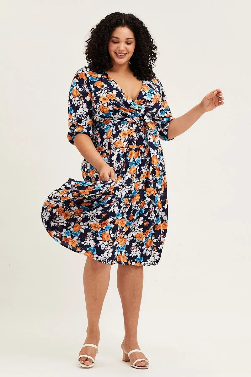 Floral Print Skater Dress V-neck Three-Quarter Sleeve Light Wrap