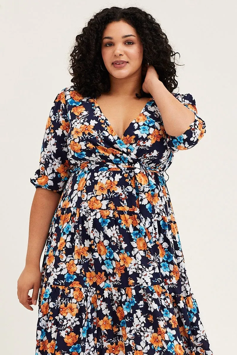 Farm Scene Underwire-Support Floral Print Skater Dress V-neck Three-Quarter Sleeve