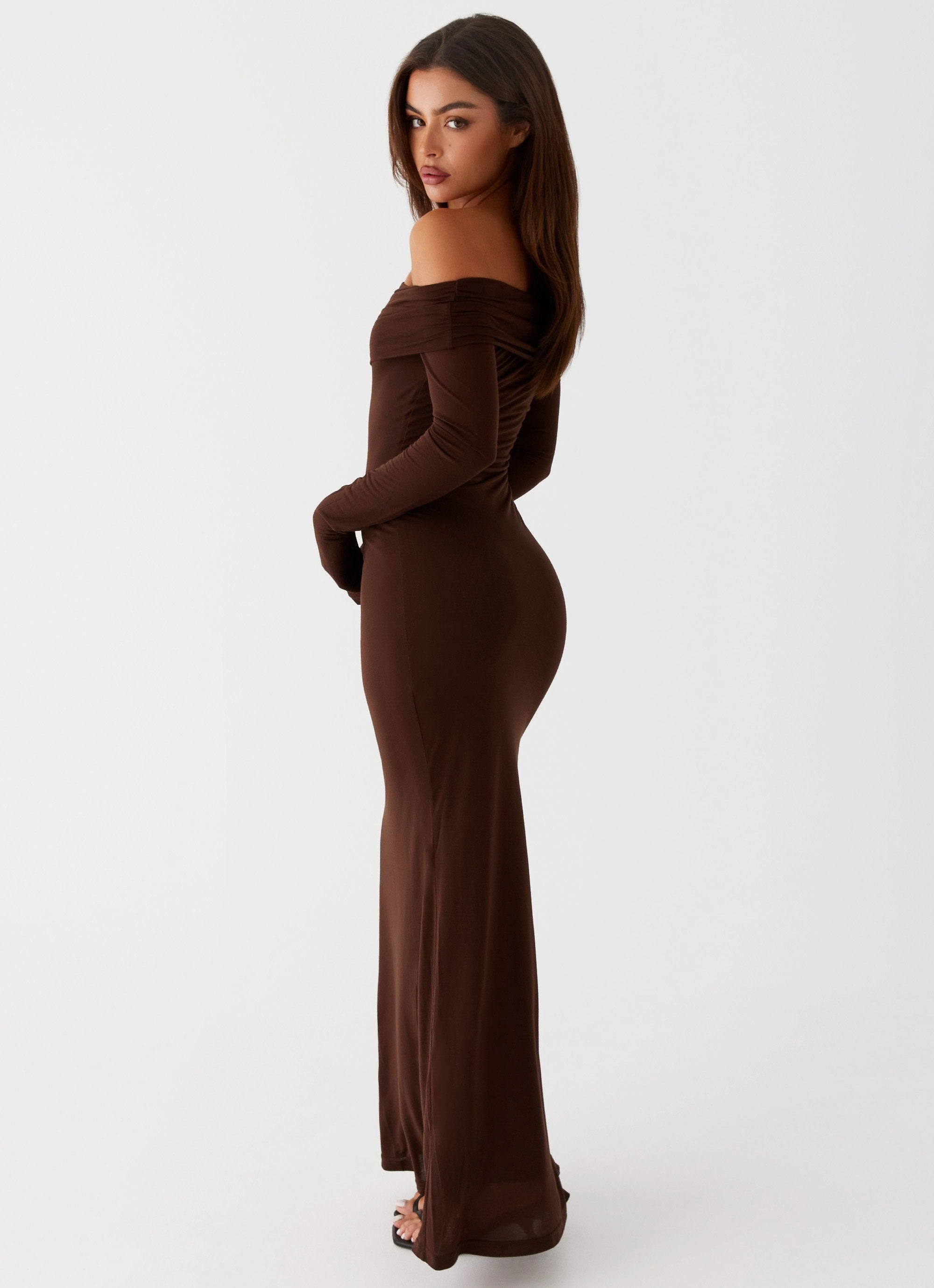 Nordic Plain Cool Undertone Cocoa Long Sleeve Maxi Dress - Chocolate