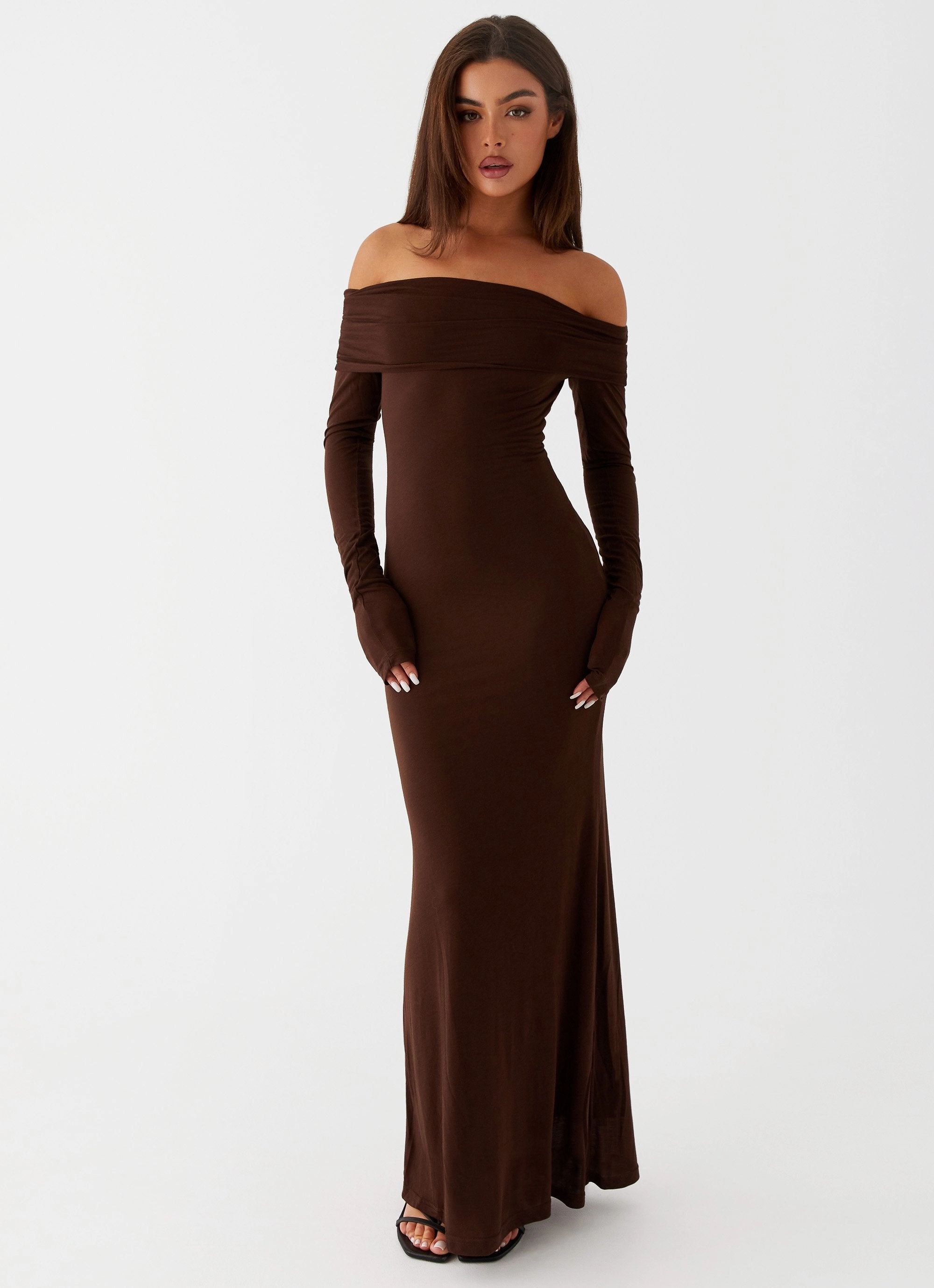 Flattering Design Wear Feminine Touch Cocoa Long Sleeve Maxi Dress - Chocolate