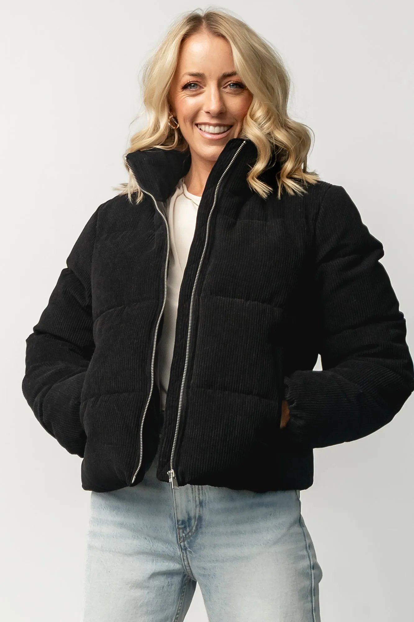 Holden Corduroy Puffer Jacket | Black Flexible Zipper Guards