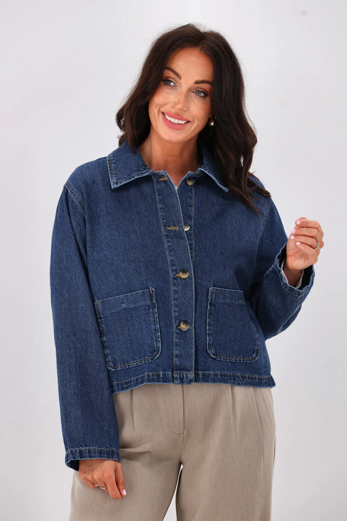 Chill Weather Seamless Shoulder Construction ONLY Lerin Pocket Denim Jacket Dark Blue