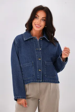 Chill Weather Seamless Shoulder Construction ONLY Lerin Pocket Denim Jacket Dark Blue