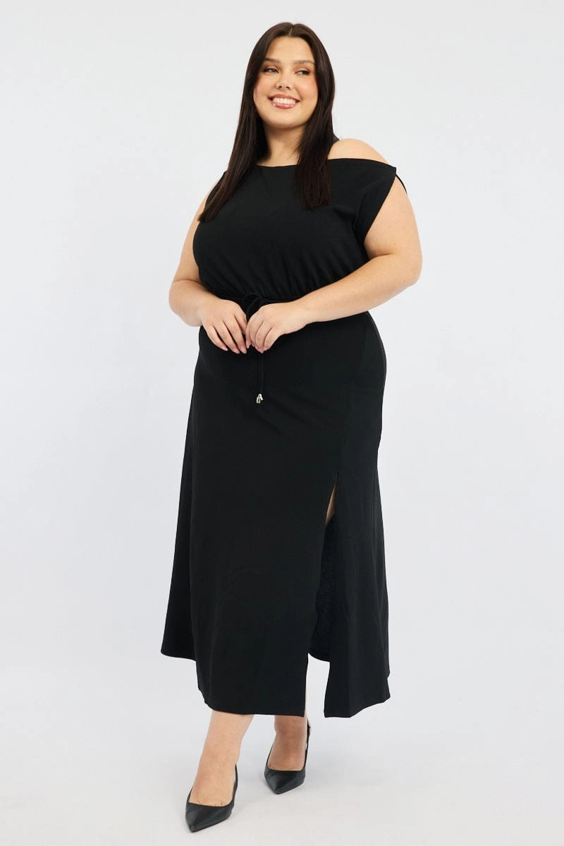 Black Asymmetric Off Shoulder Tie Belt Jersey Dress Elegant Detail Built-In-Slip