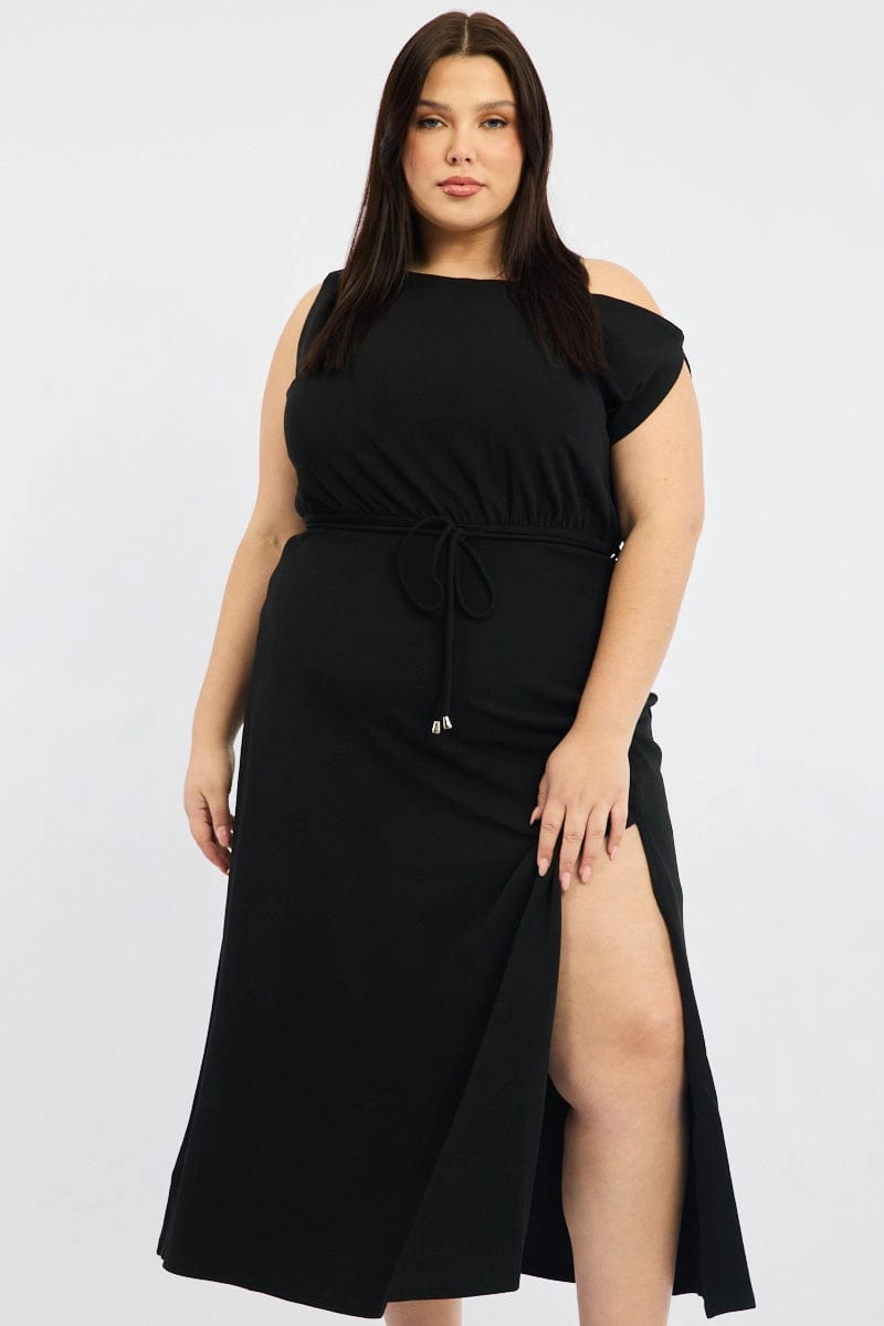 Black Asymmetric Off Shoulder Tie Belt Jersey Dress Lazy Pick Cool Movement