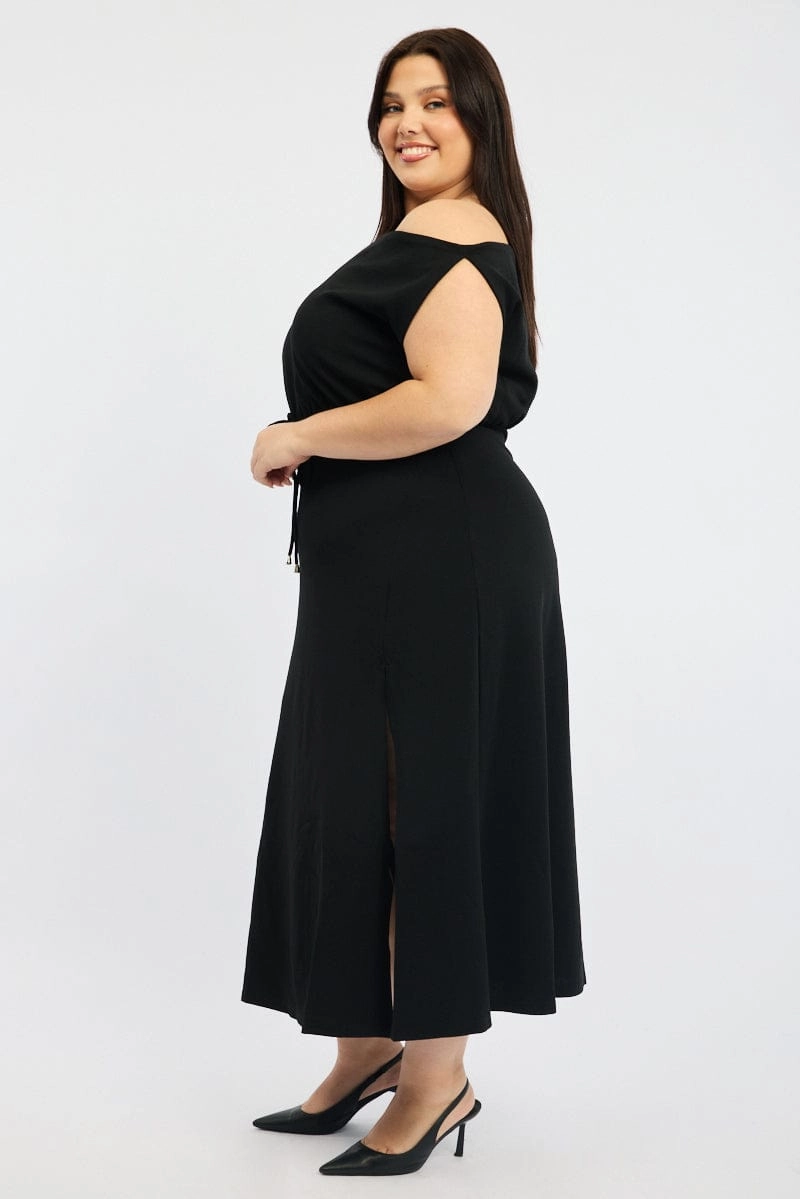 Statement-Piece Black Asymmetric Off Shoulder Tie Belt Jersey Dress