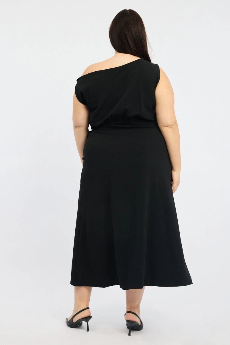 MultiPurposePockets Black Asymmetric Off Shoulder Tie Belt Jersey Dress