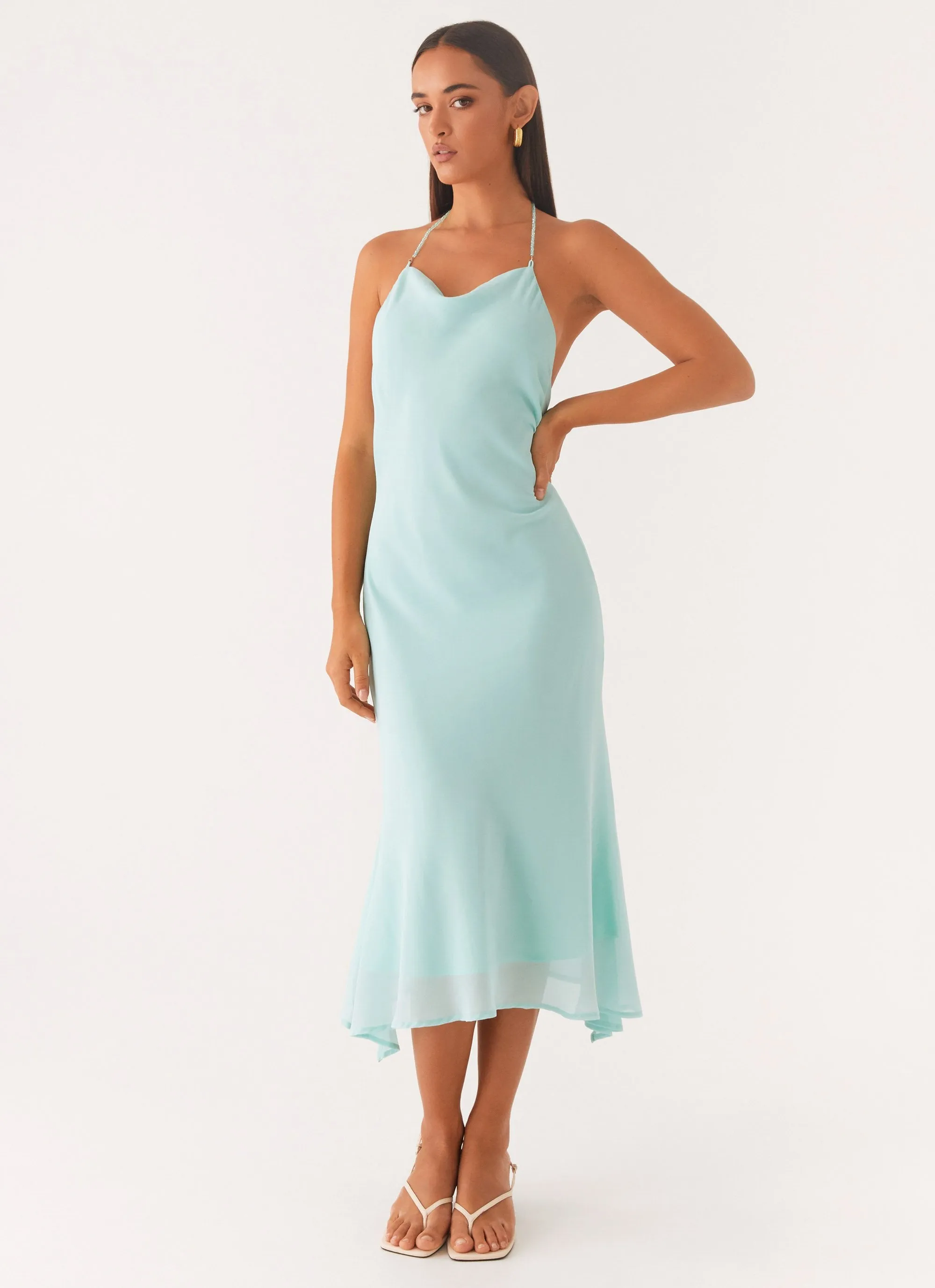 Elegant Simplicity Textured Surface Deep Dive Midi Dress - Pale Blue
