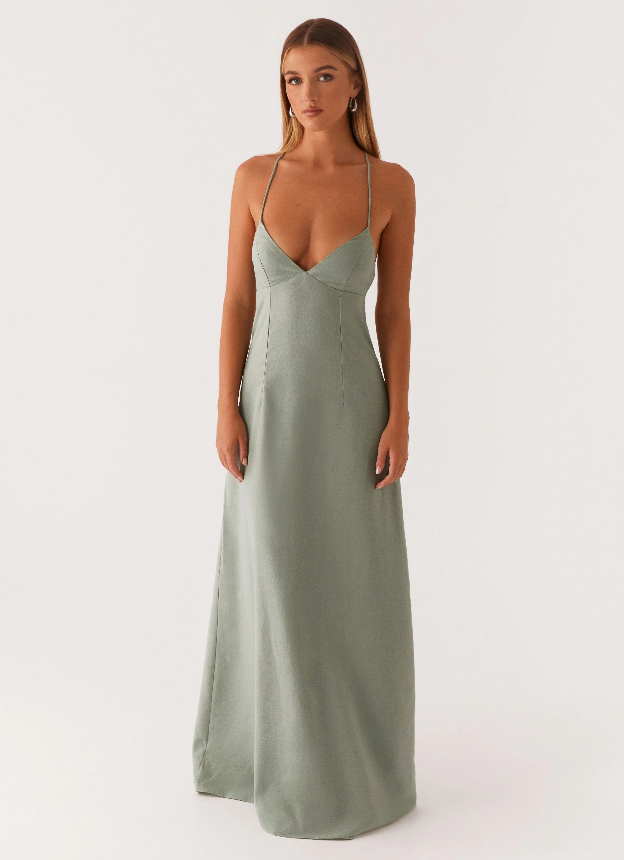 Floral-Pattern Middle Ground Linen Maxi Dress - Sage