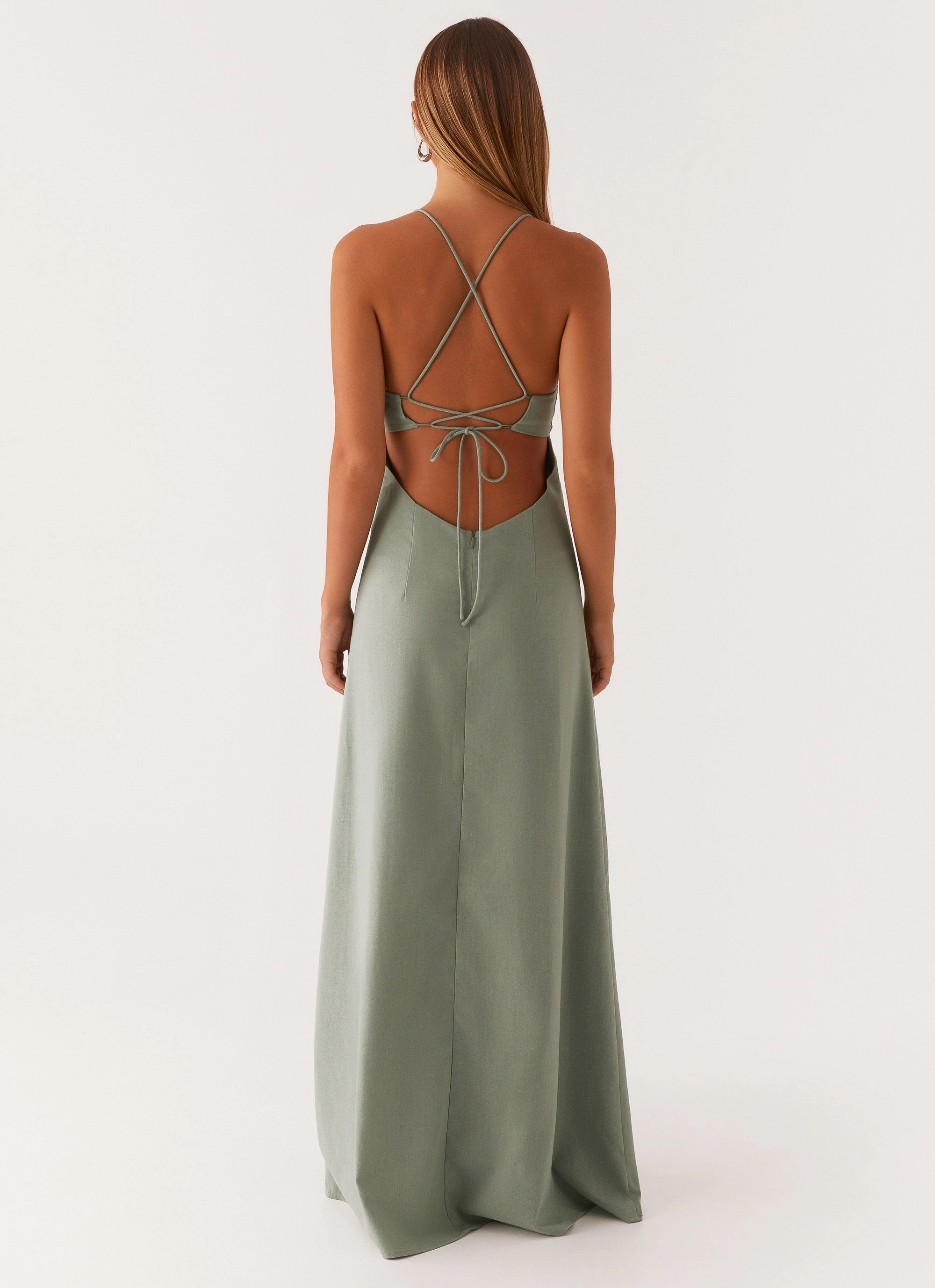 Front-Pocket Middle Ground Linen Maxi Dress - Sage