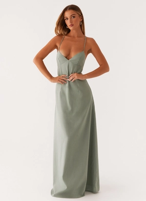 Middle Ground Linen Maxi Dress - Sage WideCollarDesign