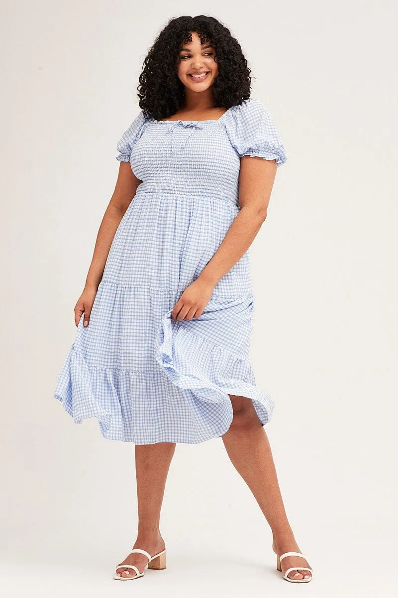 Check Short Sleeve Tiered Midi Dress Relaxed Fit Look