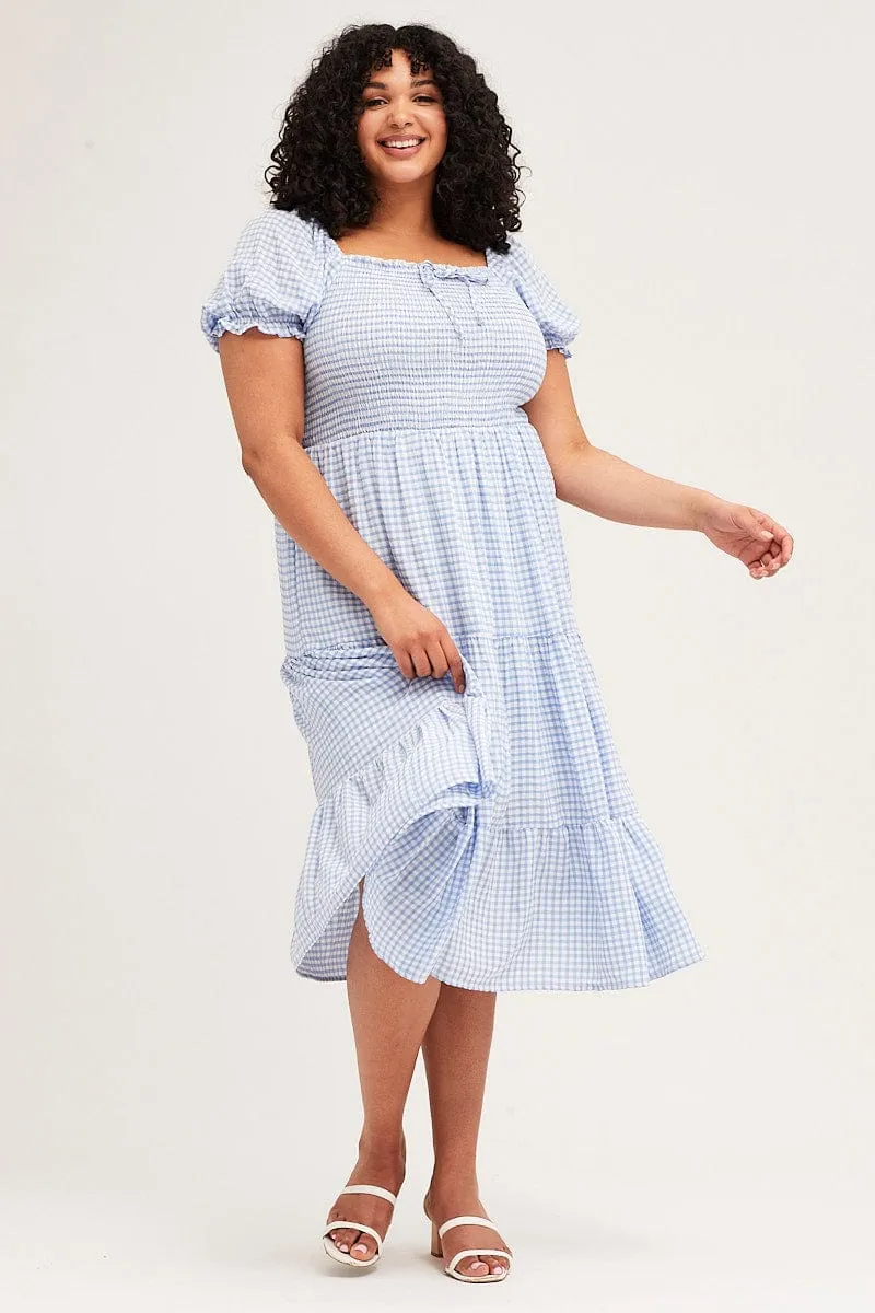 Petal Zone Slim Shape Check Short Sleeve Tiered Midi Dress