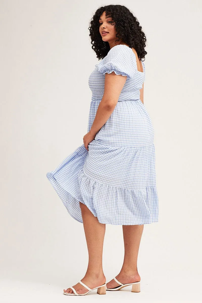 Check Short Sleeve Tiered Midi Dress Stylish Look