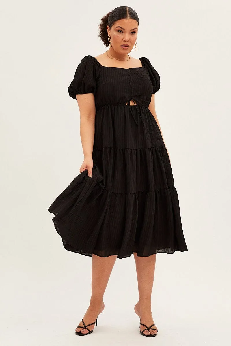 Elegant formal outfit Minimalist-Trend Black Midi Dress Short Sleeve Cut Out Textured