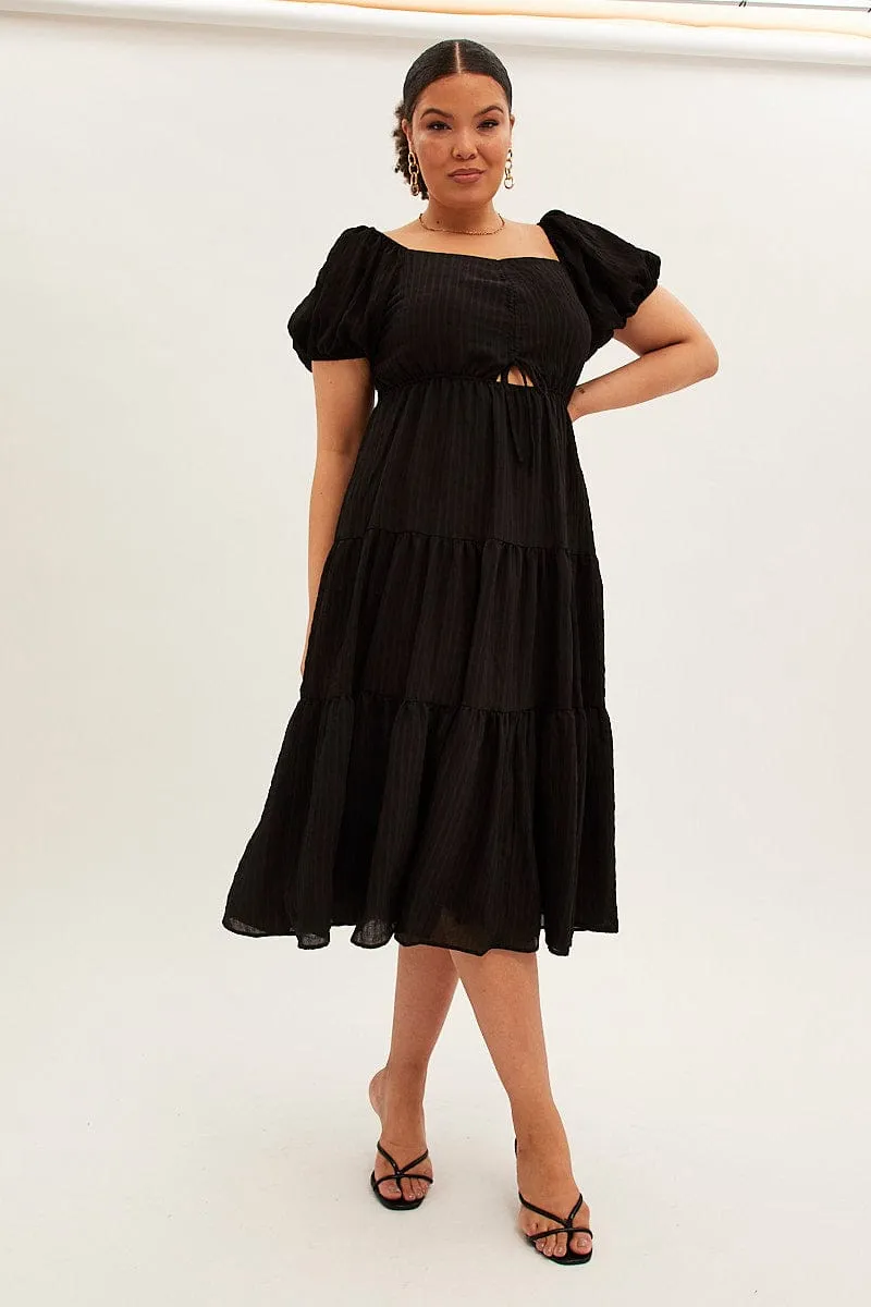 Pleat-Front Daily Silhouette Black Midi Dress Short Sleeve Cut Out Textured