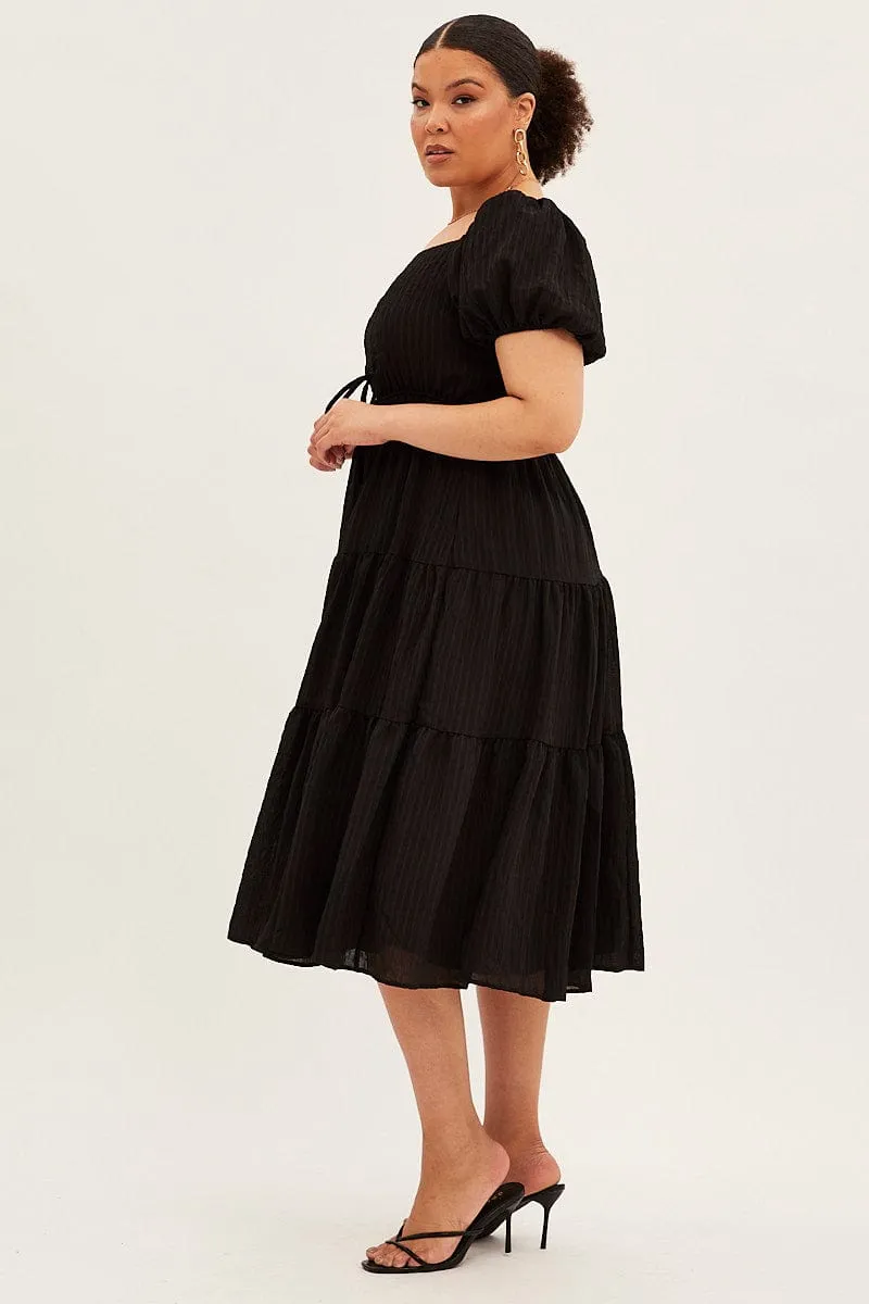 Travel-Pack Black Midi Dress Short Sleeve Cut Out Textured