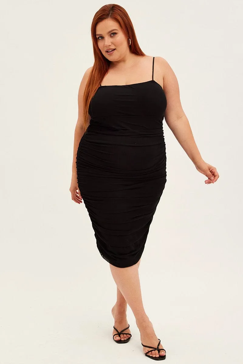 Black Midi Dress Mesh Ruched Side Shoestring Strap Chic Harmony