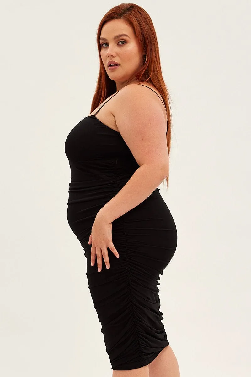 Black Midi Dress Mesh Ruched Side Shoestring Strap PlushLining