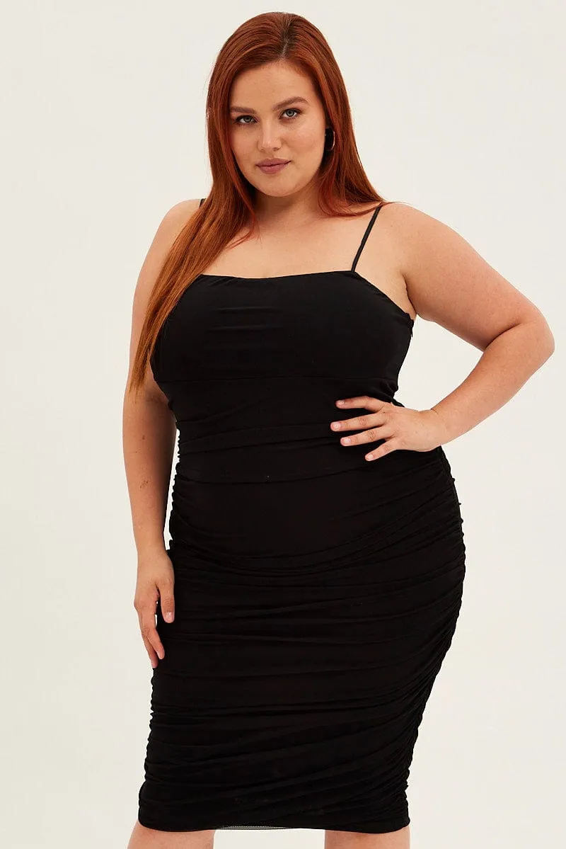 Black Midi Dress Mesh Ruched Side Shoestring Strap Wide Swing