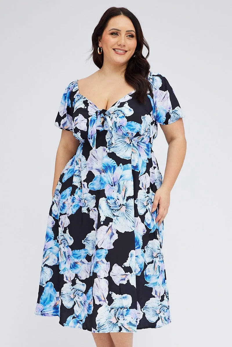 Black Floral Midi Dress Tie Front Puff Sleeve Social Charm Comfy and Relaxed
