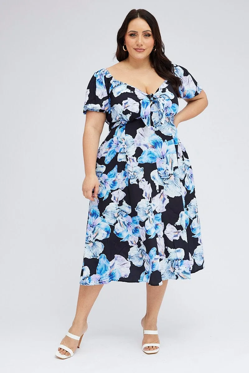 Grace Soft Daily Form Black Floral Midi Dress Tie Front Puff Sleeve