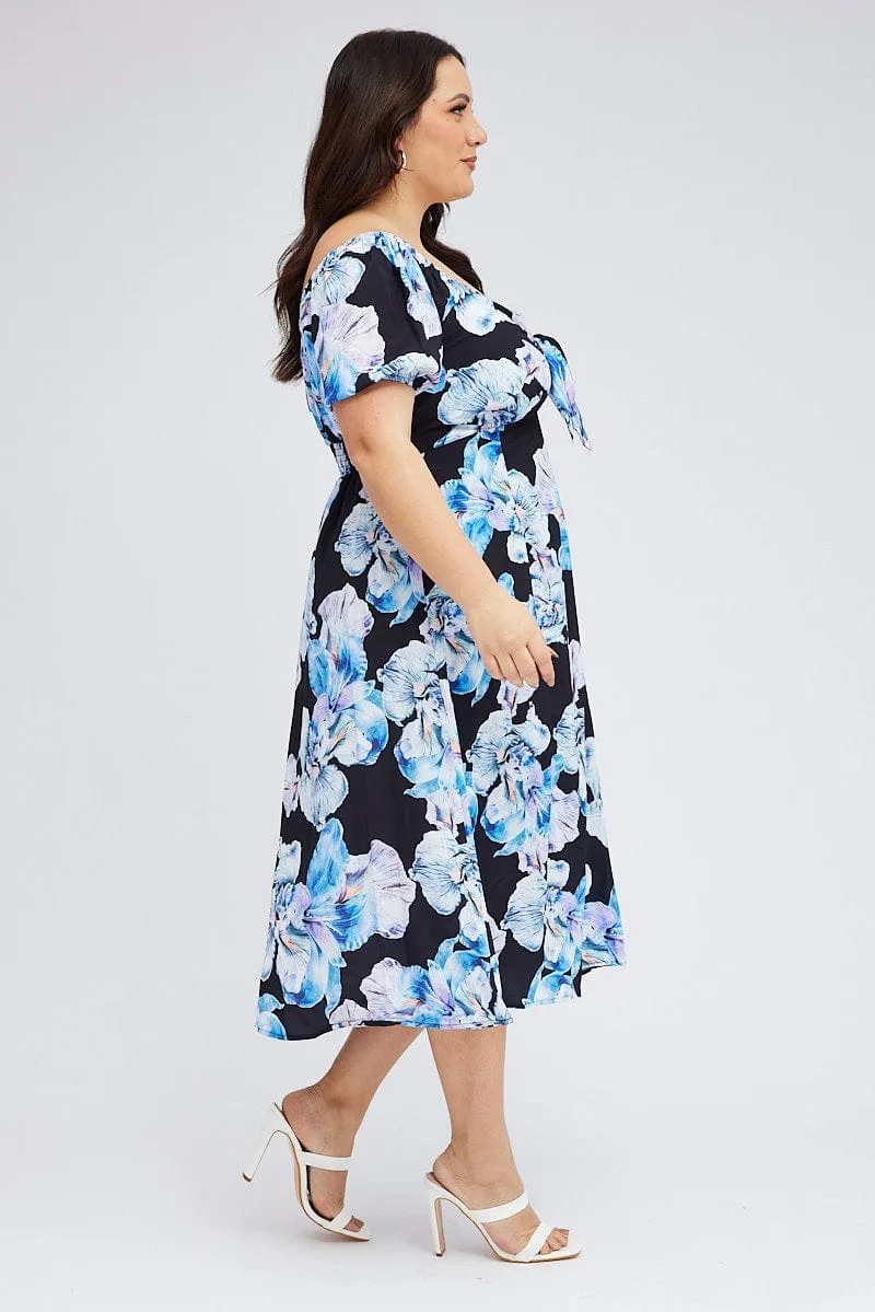 Black Floral Midi Dress Tie Front Puff Sleeve Dreamy Silhouette Tailored Fit