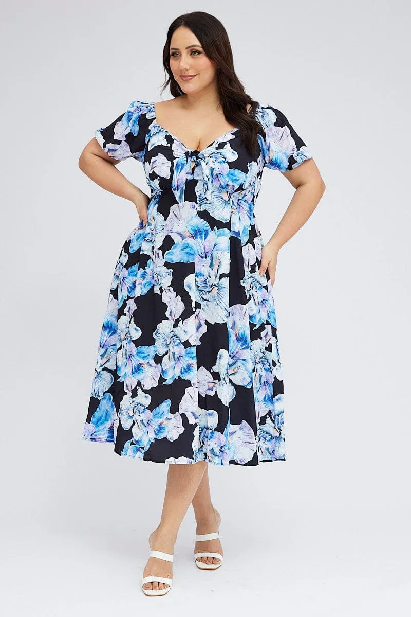 Black Floral Midi Dress Tie Front Puff Sleeve Clean Lines