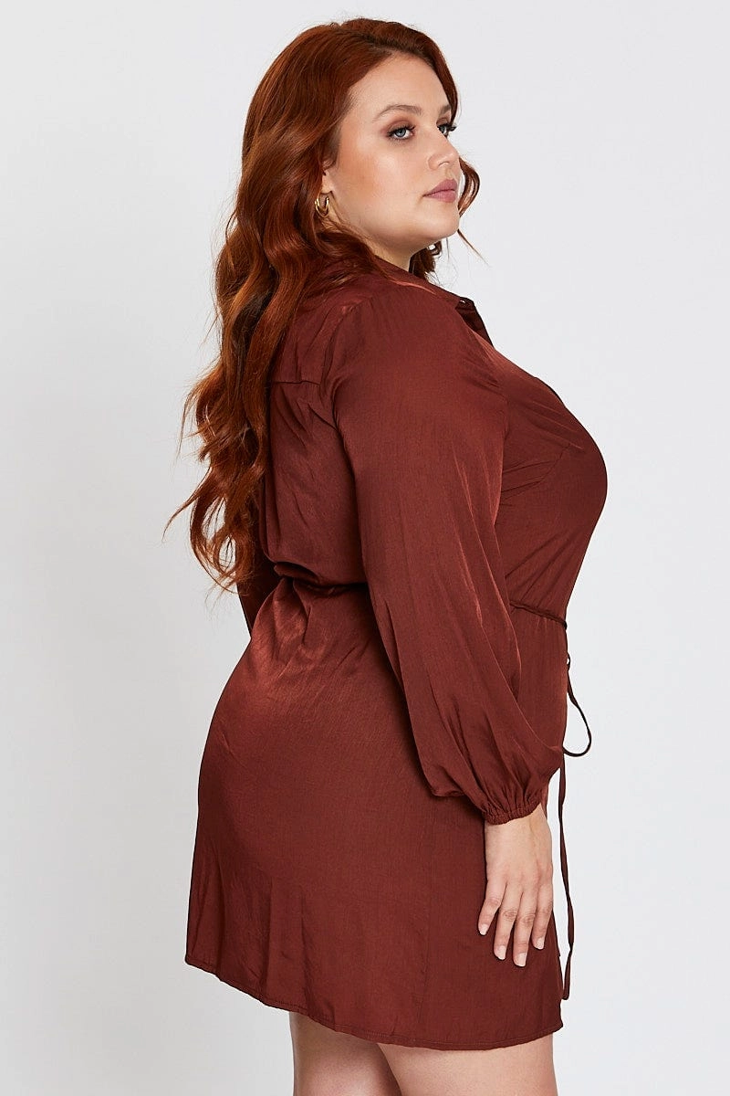 Formal Choice Brown Long Sleeve Tie Waist Shirtdress